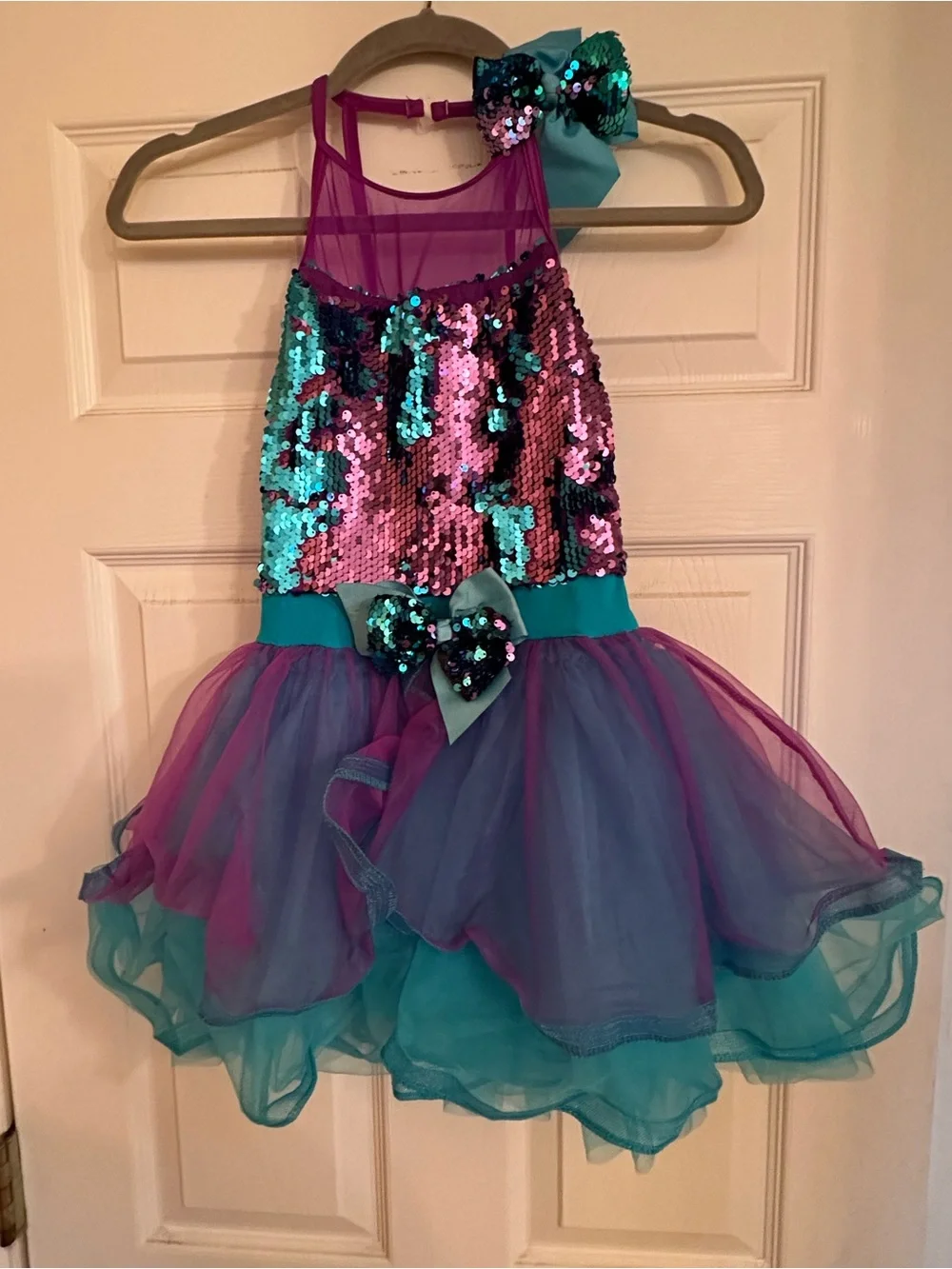 Weissman Girls Sequin Figure Skating/Dance Costume - Purple & Teal with Hair Bow